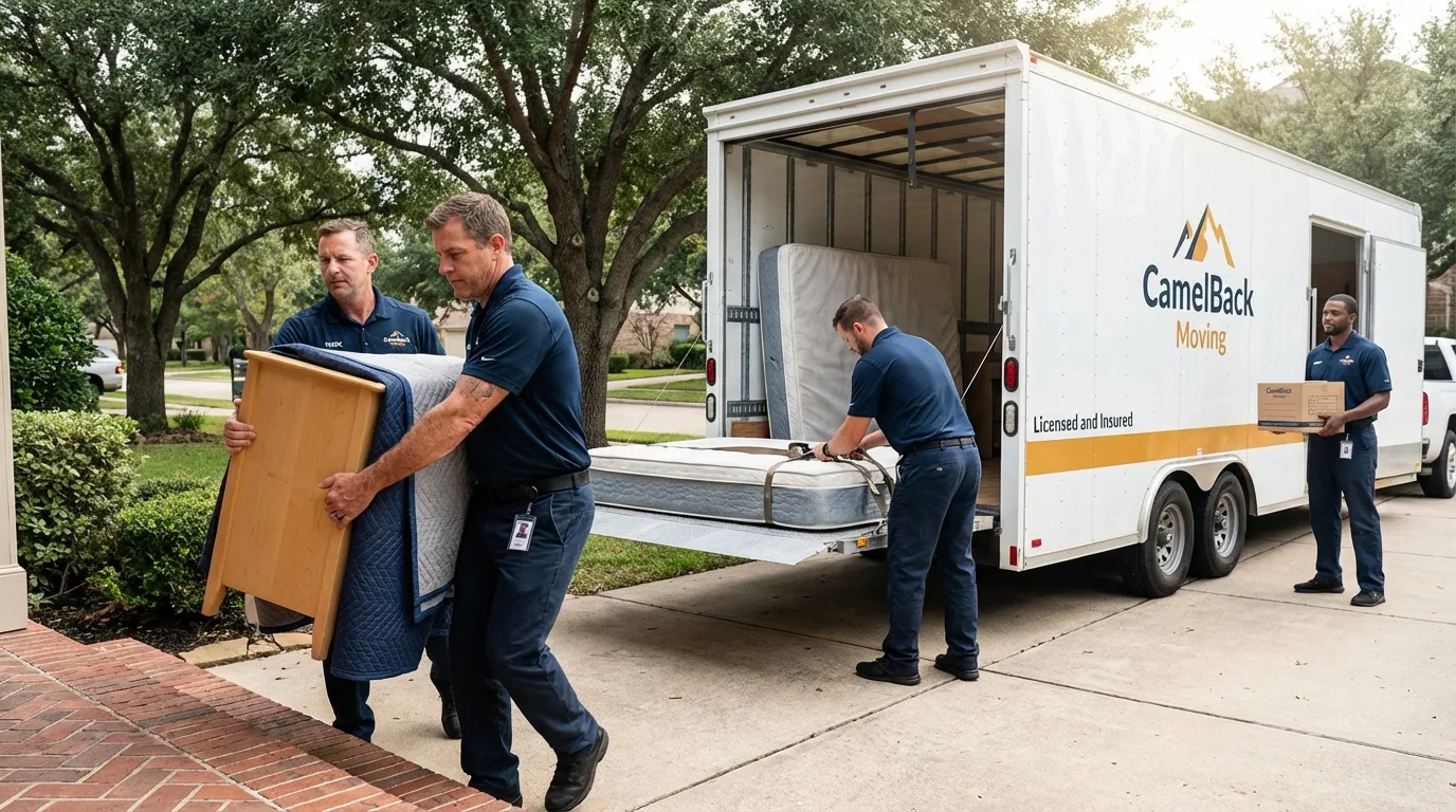 Crew loading residential truck for cross-state move from Wanamingo, MN