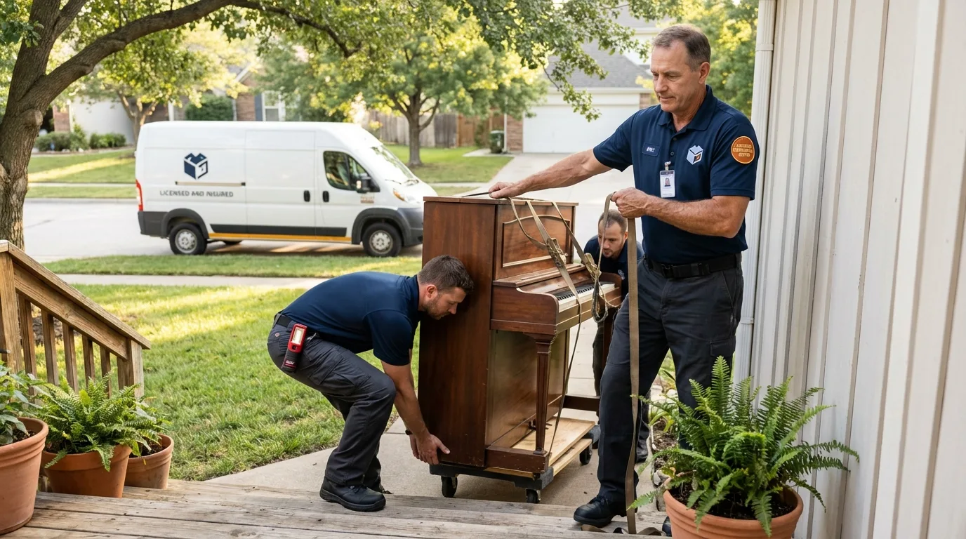 Licensed piano movers securing grand piano in Wanamingo, MN