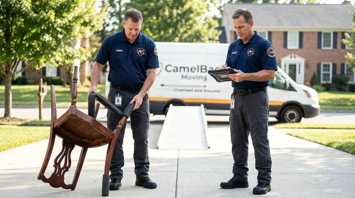 Movers inspecting furniture for damage prevention before loading in Wanamingo, MN