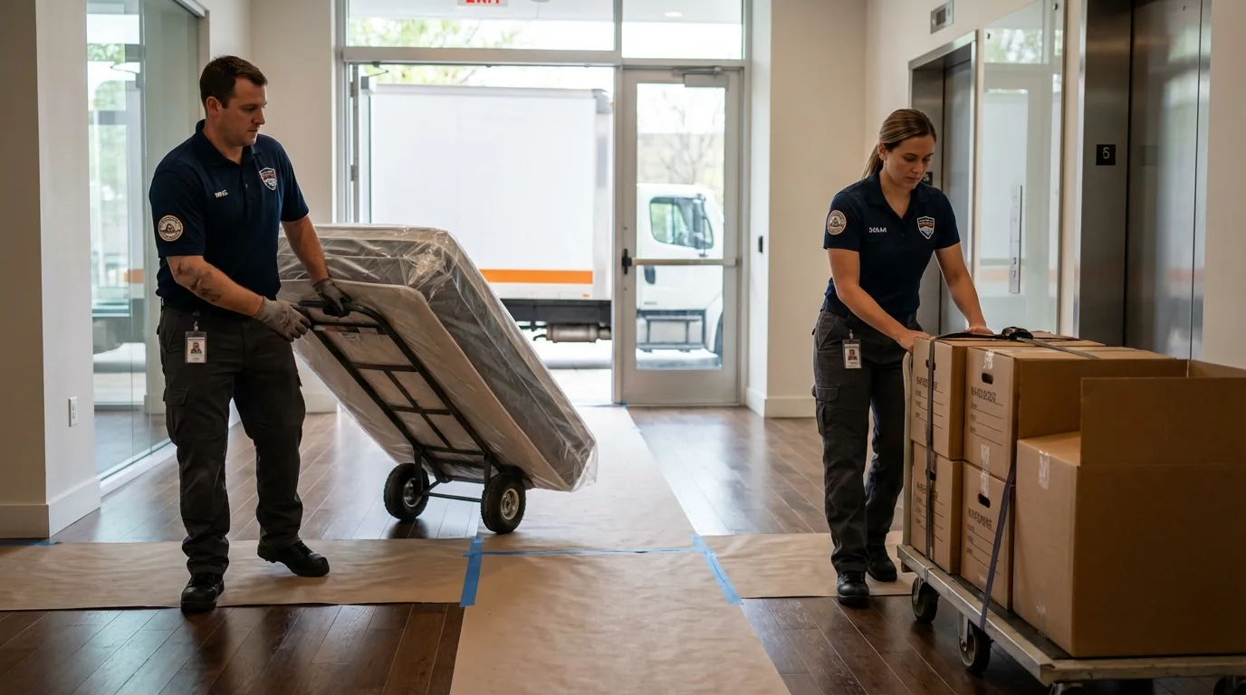 Professional apartment movers loading elevator in Wanamingo, MN