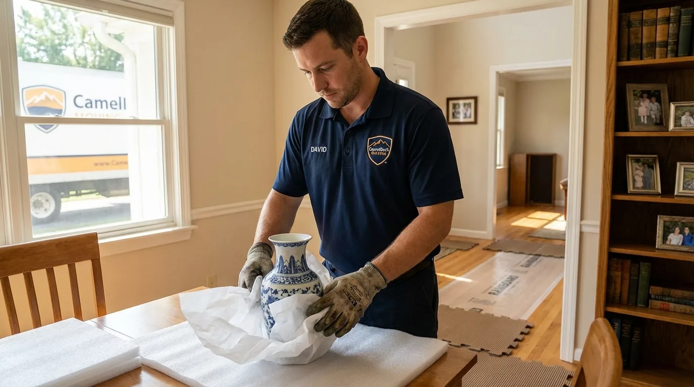 Professional crew carefully wrapping antique vase for senior downsizing move in Wanamingo, MN