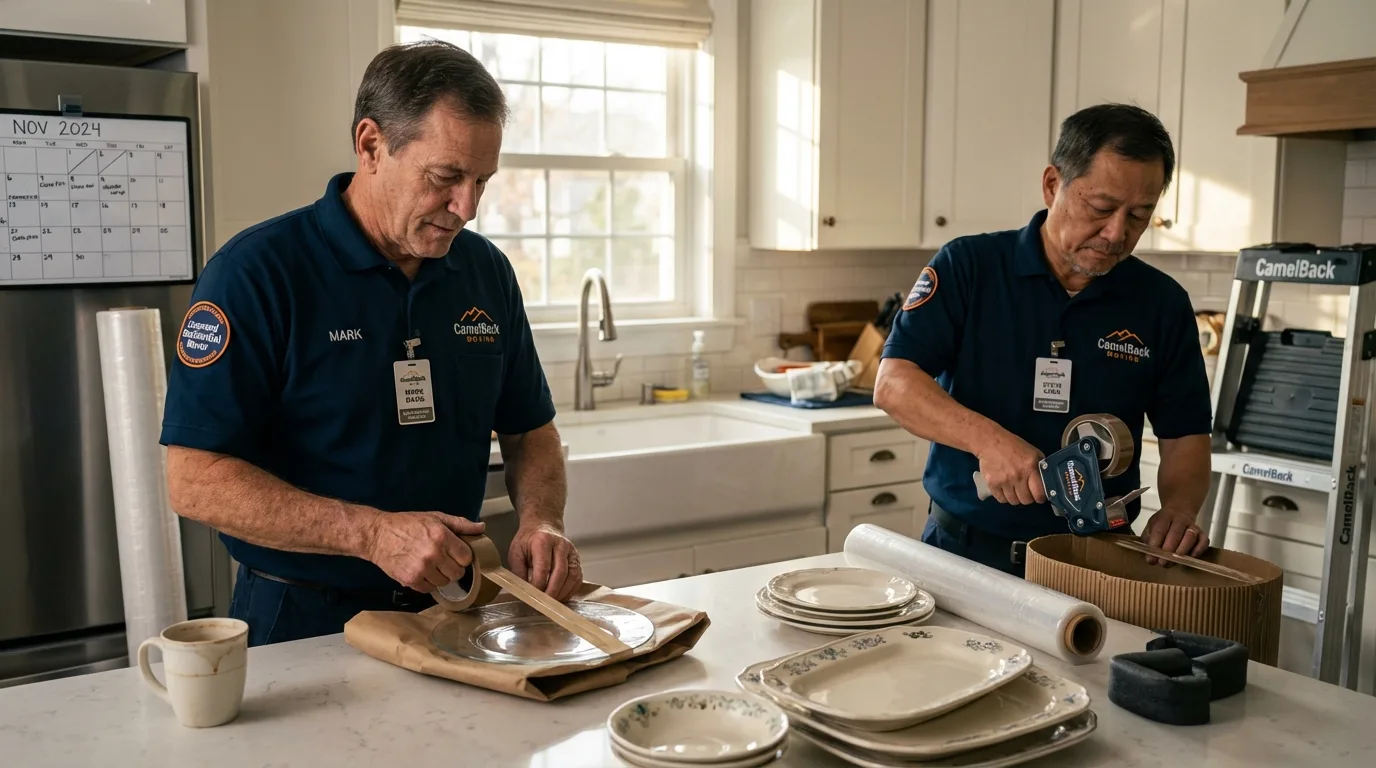 Professional crew packing kitchen dishware in Wanamingo, MN